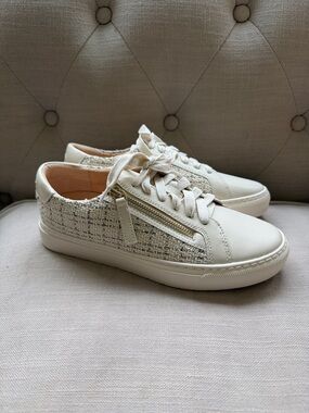 Cream Tweed Lace-Up Women's Sneakers with Zip Accent
